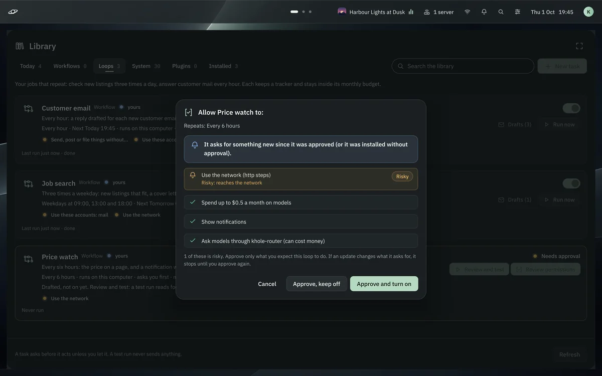The approval sheet: Allow Price watch to use the network (risky, first), spend up to $0.5 a month on models, show notifications and ask models; Cancel, Approve keep off, Approve and turn on.
