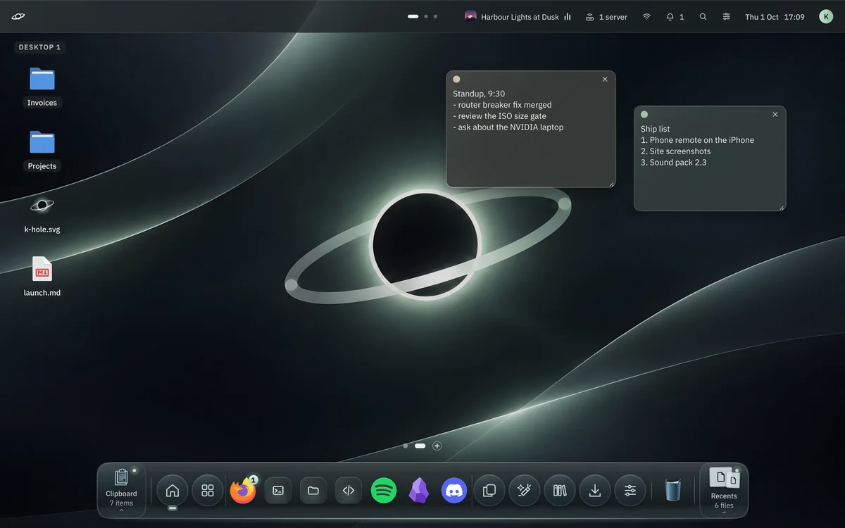 Desktop 1 with icons and two sticky notes.
