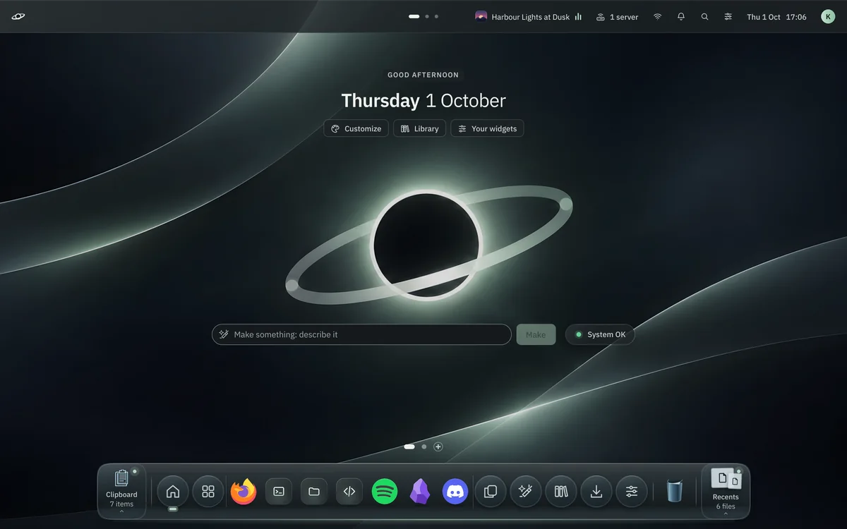 Home over the Veil wallpaper: the greeting and the date, Make something with System OK, page dots, and the dock with Clipboard and Recent files at its ends.