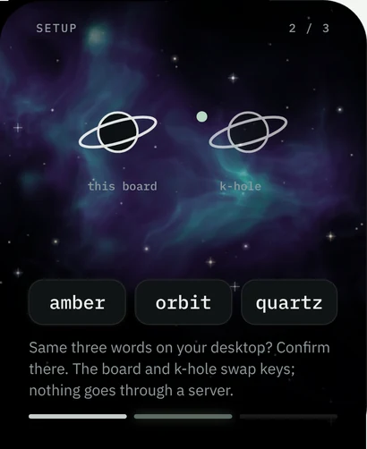 Pair with k-hole: The desktop shows the same three words; the moon passes between the marks.