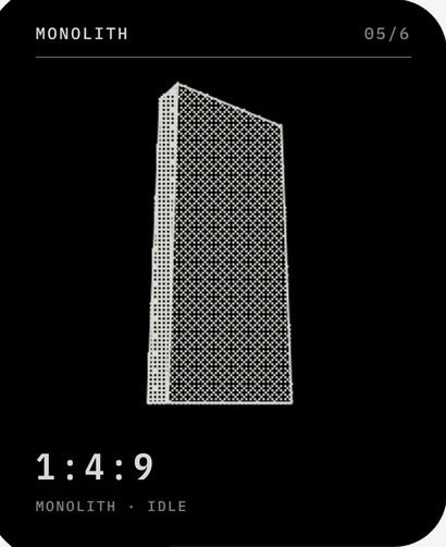 Monolith: A slab turning in the dark, edges hard.