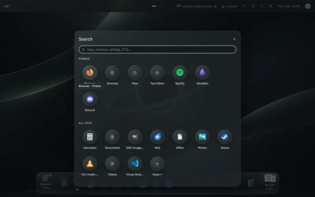 Search with a field for apps, windows, settings and sums, pinned apps and all apps.