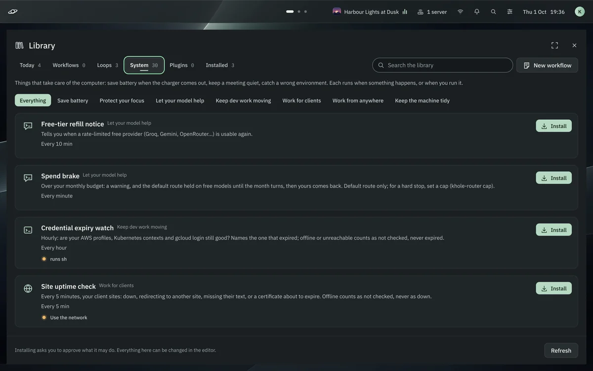 The Library's System tab: Free-tier refill notice, Spend brake, Credential expiry watch and Site uptime check, each with its schedule, its permissions and an Install button, above category filters.