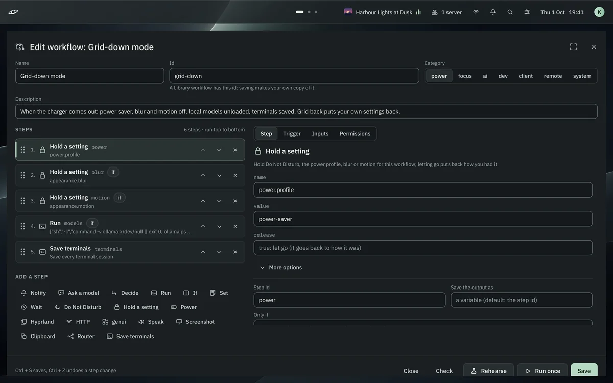 The workflow editor open on Grid-down mode.