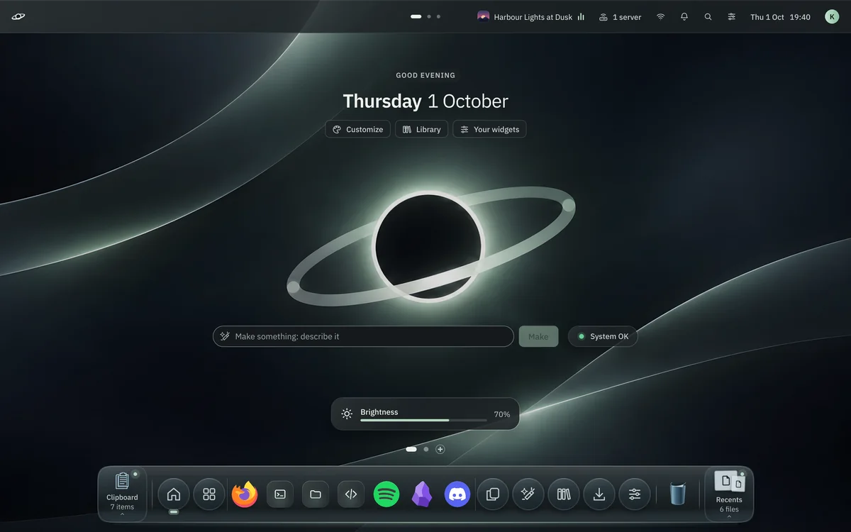 The brightness indicator at 70 percent above the dock.