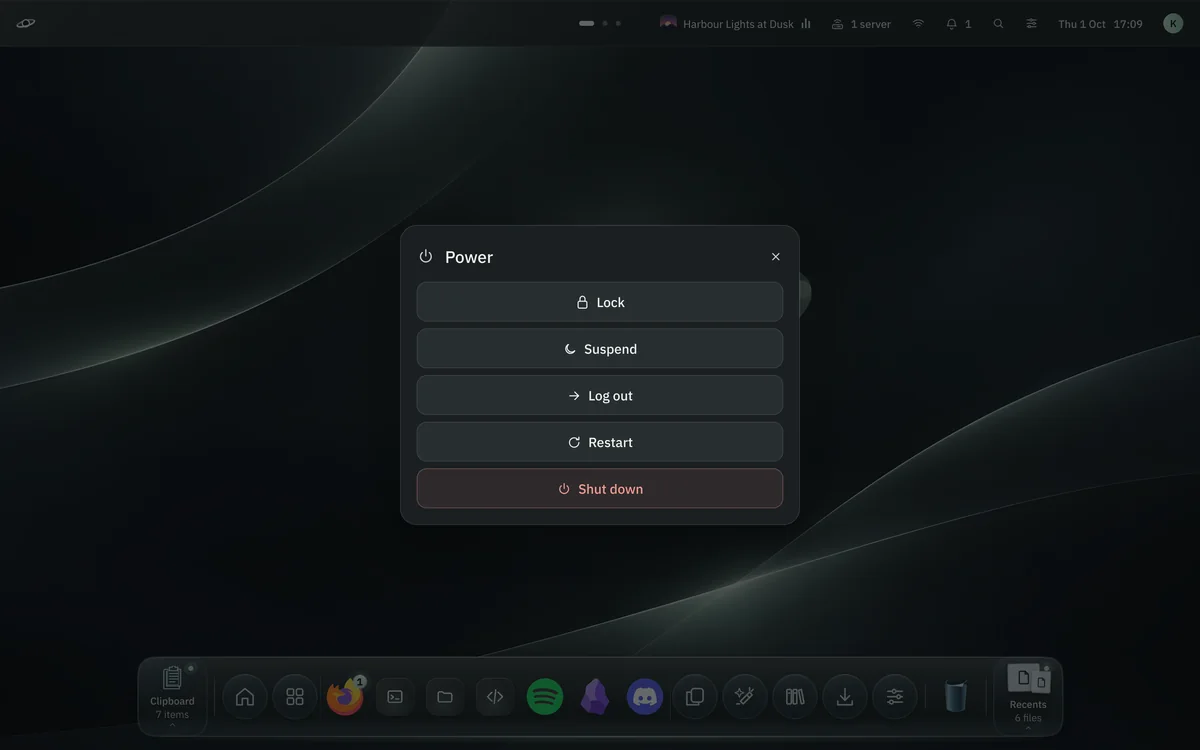 The Power dialog: Lock, Suspend, Log out, Restart and Shut down.