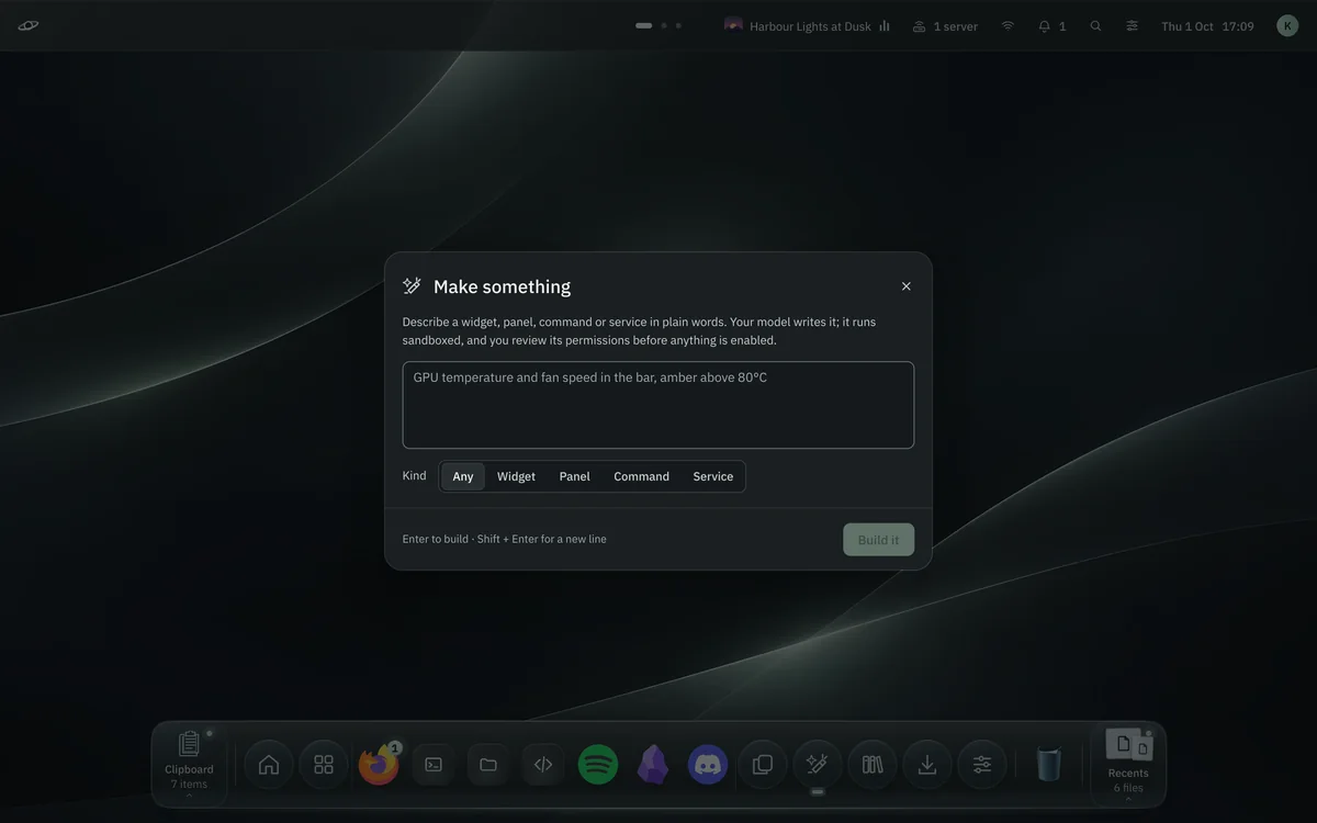 The Make something dialog with a request, a Kind picker and Build it.
