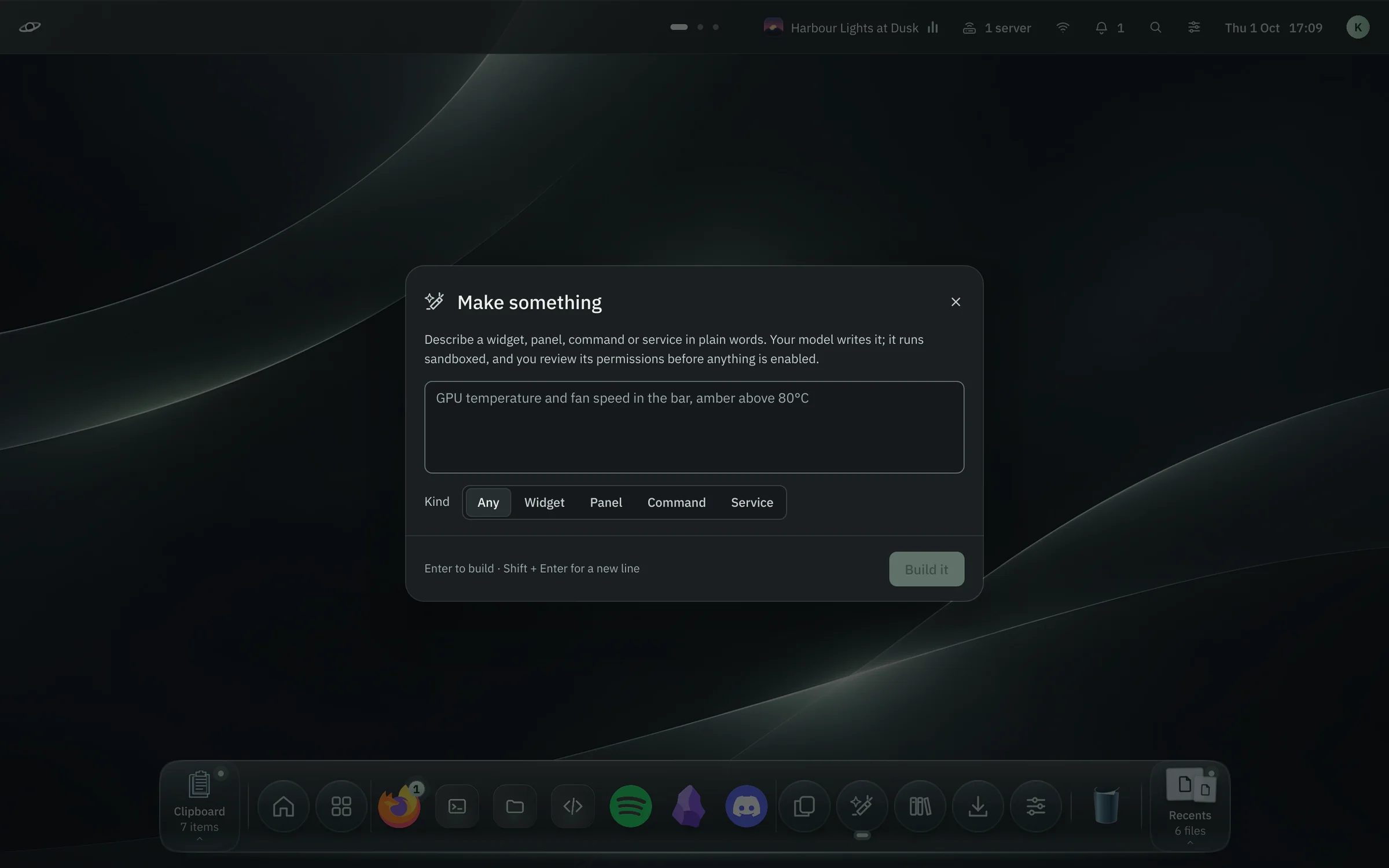 Make something: describe a widget, panel, command or service