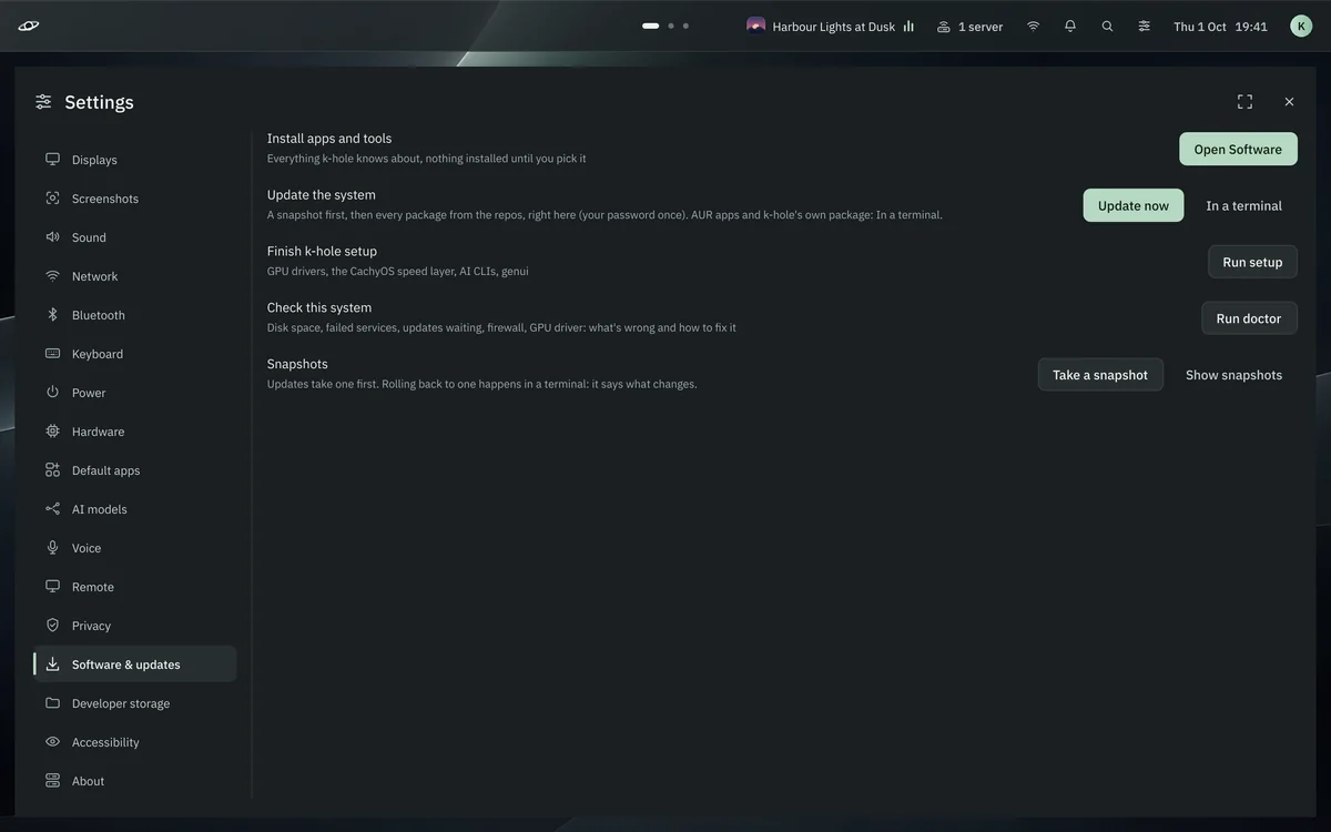 Settings, Software and updates: Open Software, Update now, Run setup, Run doctor, Take a snapshot and Show snapshots.