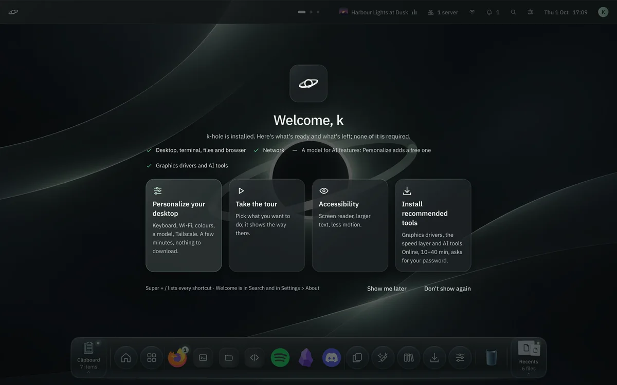 Welcome: k-hole is installed, with Personalize your desktop, Take the tour, Accessibility and Install recommended tools.